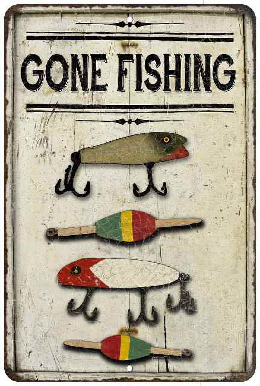 Gone Fishing Lures Vintage Look Chic Distressed 12x18 Metal Sign 