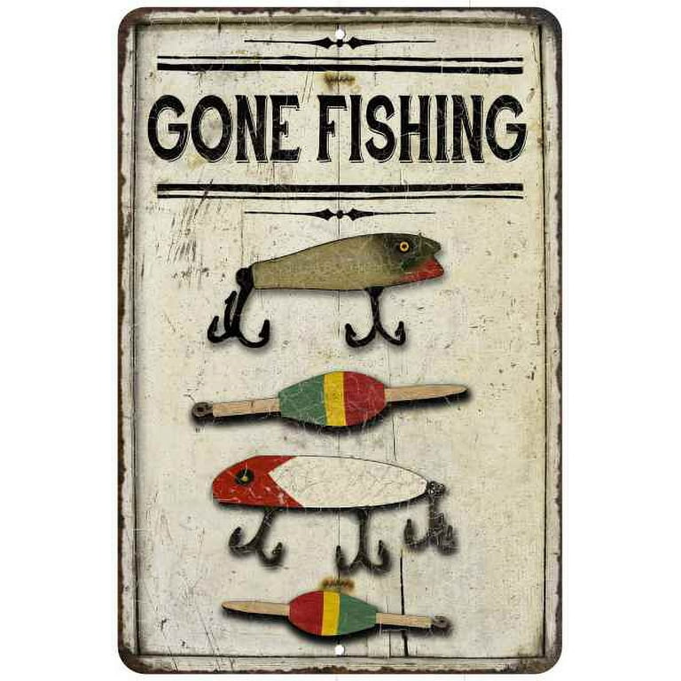 Gone Fishing Lures Vintage Look Chic Distressed 12x18 Metal Sign