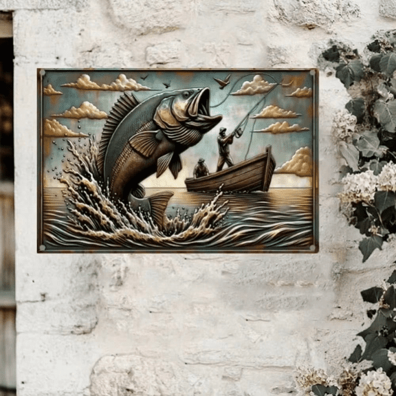 Gone Fishing Metal Wall Art Sign Bass Boat Fisherman Lake River Rustic Vintage Pre Drilled Holes Easy Hang Bar Garage Man Cave Cabin Cottage Home Den Office Basement Workshop Angler Lakeside Pub 12in