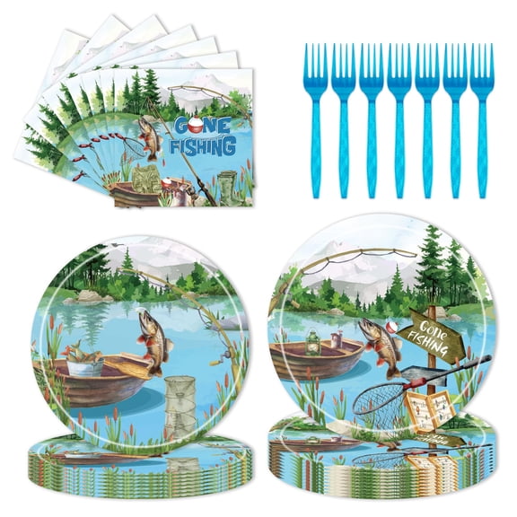 Gone Fishing Party Tableware Set - 96 Pcs Fishing Party Decorations Plates Napkins Forks Disposable Paper Tableware Supplies For Fish Theme Decoration Ofishally One Serves 24 Guests Y114