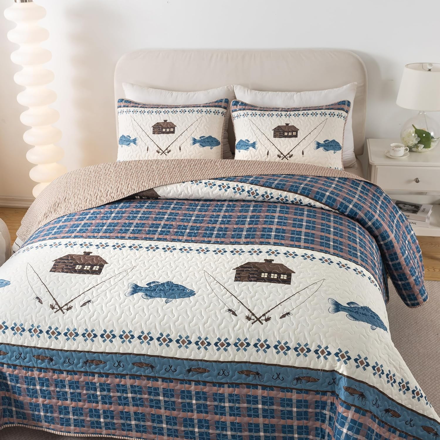 Gone Fishing Quilt Set - Queen with 2 Shams, Cabin Style Outdoor Themed ...