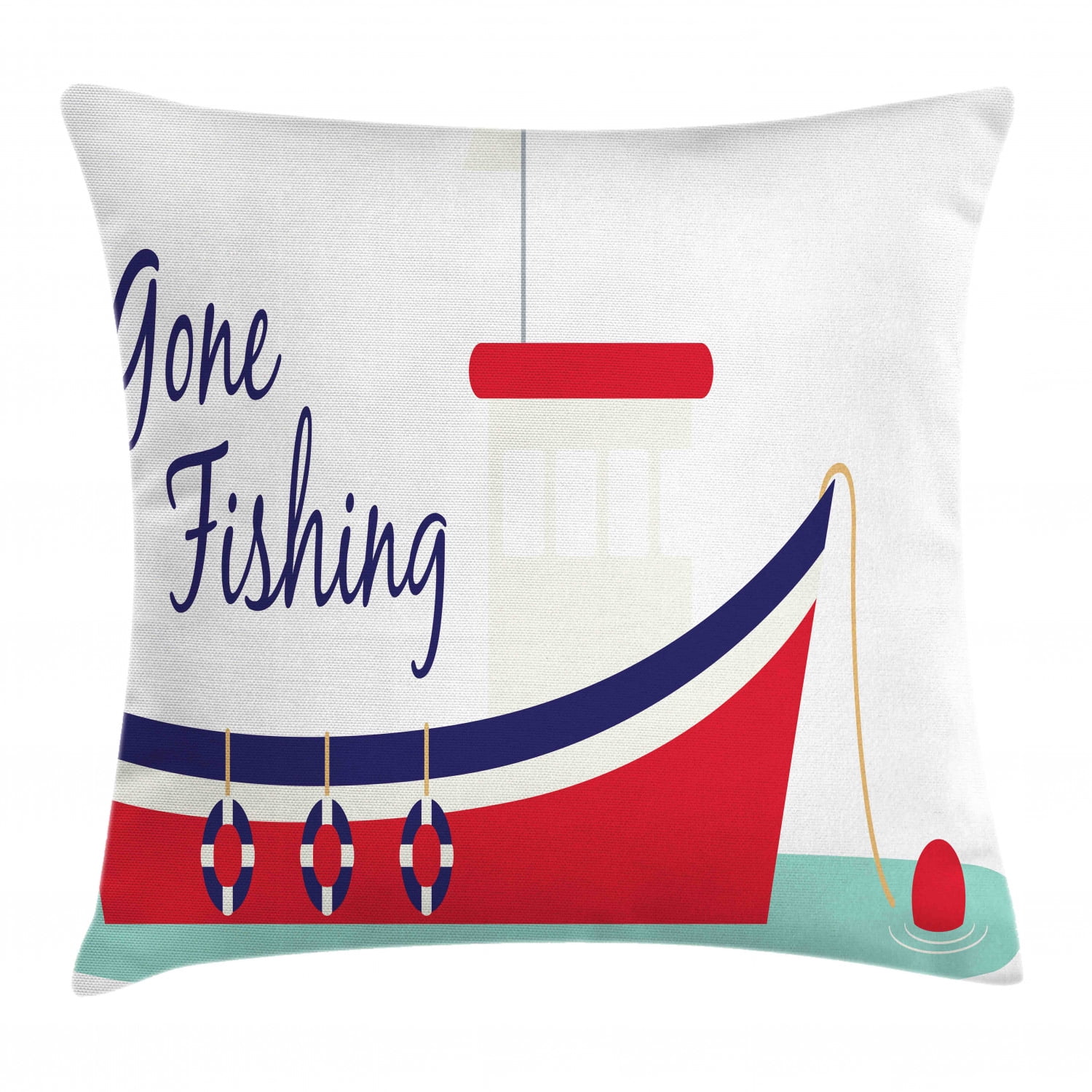Gone Fishing Throw Pillow Cushion Cover, Cartoonish Fishing Boat on Water Simplistic Doodle