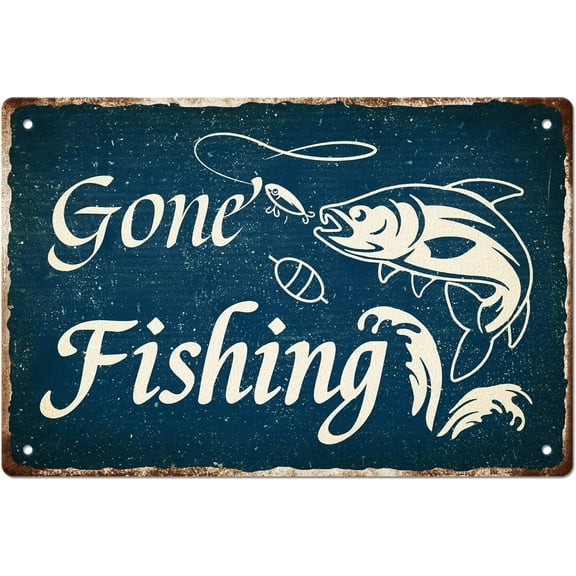 Gone Fishing Tin Signs Funny Fish Metal Tin Sign Poster Vintage Art Decor for Home Livingroom Farmhouse Garage Coffee Bar Man Cave Plaque Wall Decoration Gifts