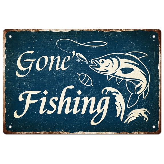 Gone Fishing Tin Signs Funny Fish Metal Tin Sign Poster Vintage Art Decor for Home Livingroom Farmhouse Garage Coffee Bar Man Cave Plaque Wall