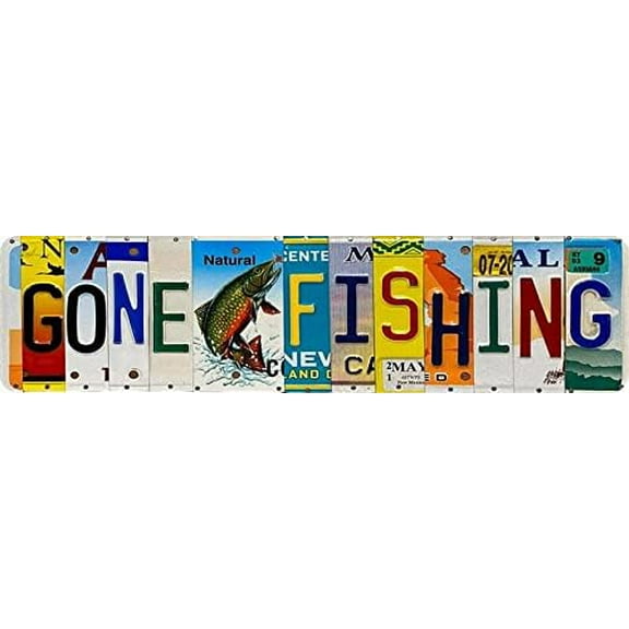 Gone Fishing Vintage Style Wall Decor, Door Plaque, Tin Poster - 4x16 Inches