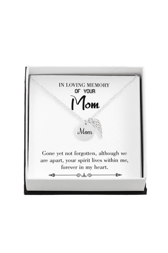 Gone Not Forgotten White Mom Remembrance Necklace Angel Wing Charm, Stainless Steel 18-22'' Chain