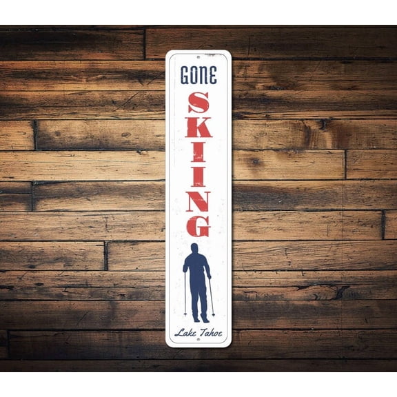 Gone Skiing Vertical Sign Ski Location Name Sign Custom Metal Skier Lodge Decor Ski Lover Gift - Ski Signs - Size: 16 x 4 Inches