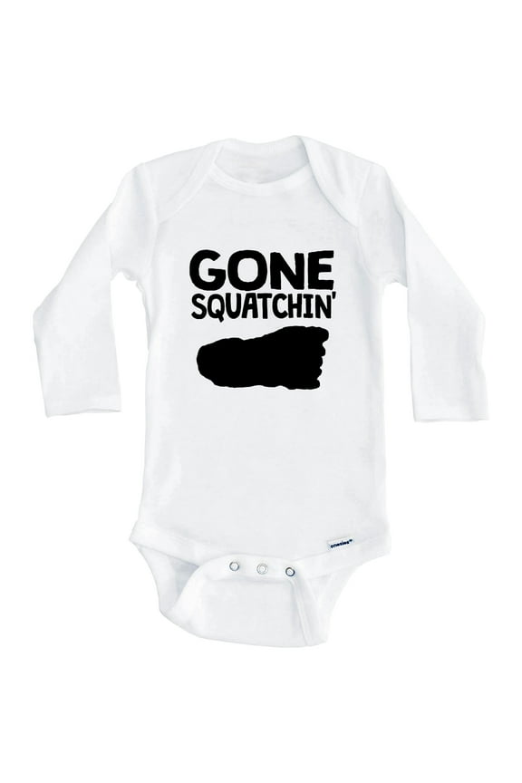 Gone Squatchin' Bigfoot Funny Sasquatch One Piece Baby Bodysuit (Long Sleeve), 3-6 Months White