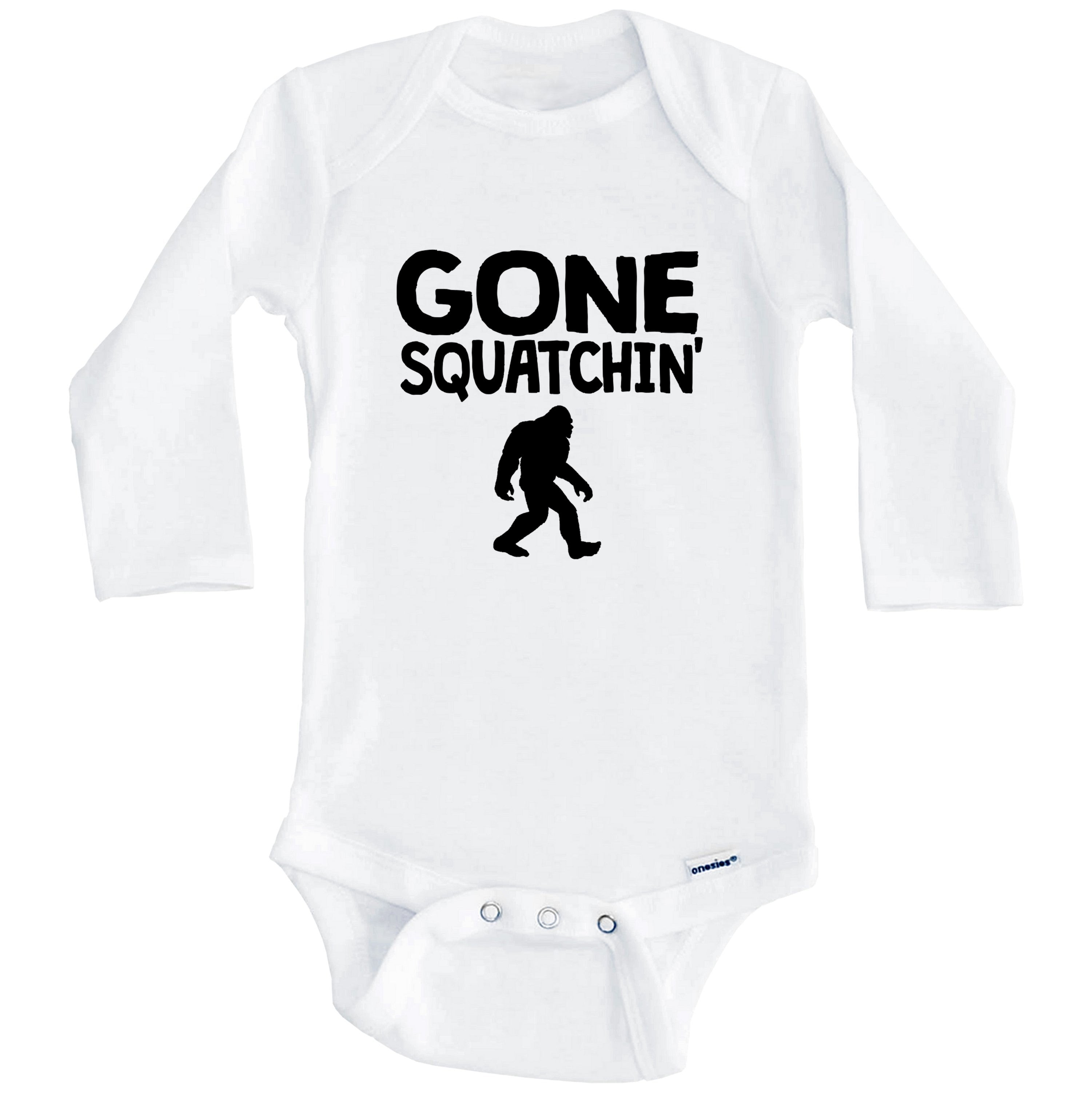 Gone Squatchin' Sasquatch Funny Bigfoot One Piece Baby Bodysuit (Long Sleeve), 0-3 Months White