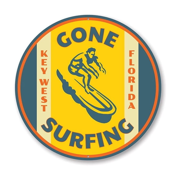 Gone Surfing Key West Florida, Surfer Aluminum Metal Decor Sign - 12" Round