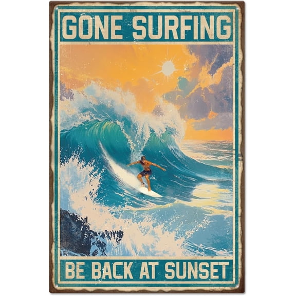 "Gone Surfing Summer Surfing Metal Tin Sign Vintage Ocean Metal Sign 128inch Funny Wall Decor Tin Signs for Home Farm Bar Coffee Shop Club Decoration