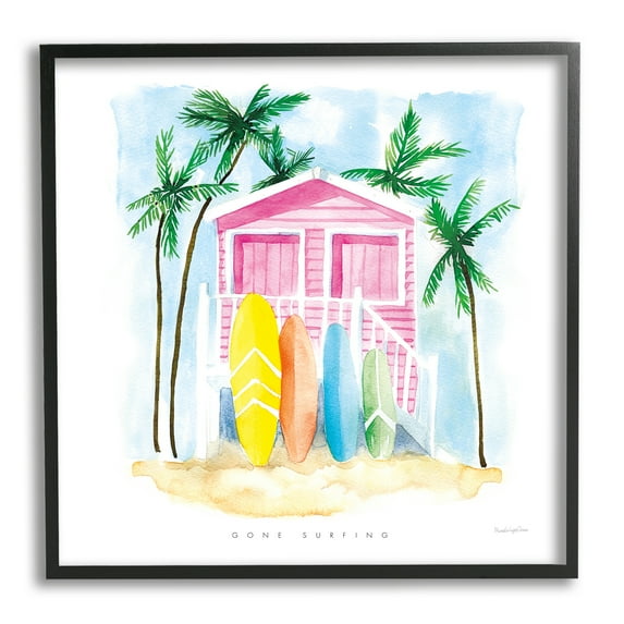 Gone Surfing Tropical Phrase Pink Beach House Sports Framed Art Print Wall Art, 17x17