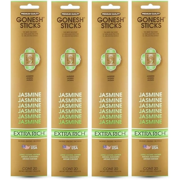 Gonesh - Extra Rich Scented Incense Sticks - Non-Toxic 10” Slow Burn Aromatic Sticks - Jasmine - 20 Sticks - 4 Pack