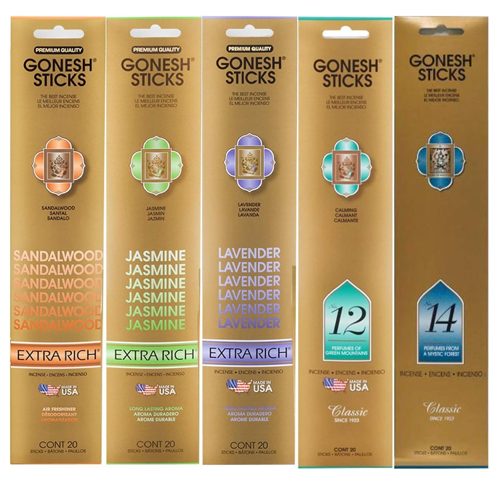 Gonesh Incense Extra Rich Collection Variety Pack, 5 Packs, 20 Sticks