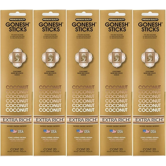 Gonesh Incense Sticks Extra Rich Collection - Coconut 5 Packs (100 Total)