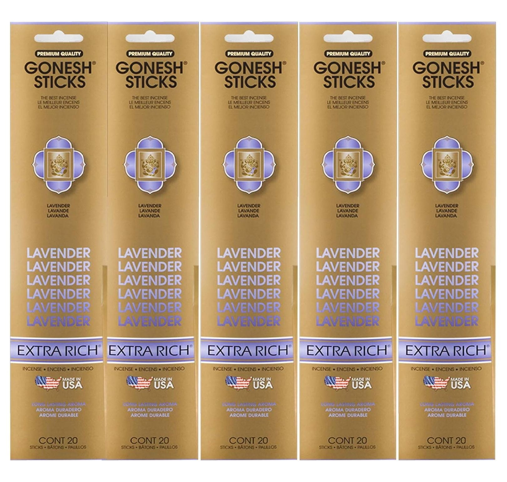 Gonesh Incense Sticks Extra Rich Collection - Lavender - 5 Packs (100 Total)