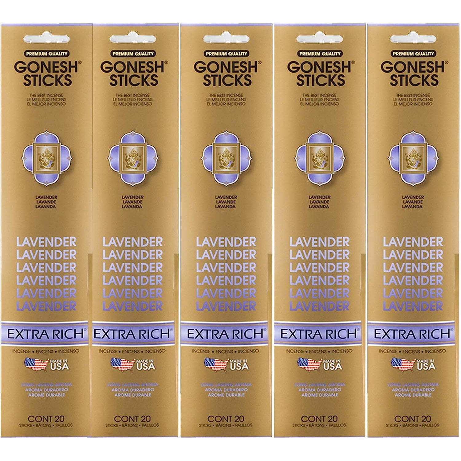 Gonesh Incense Sticks Extra Rich Collection - Lavender - 5 Packs (100 Total)