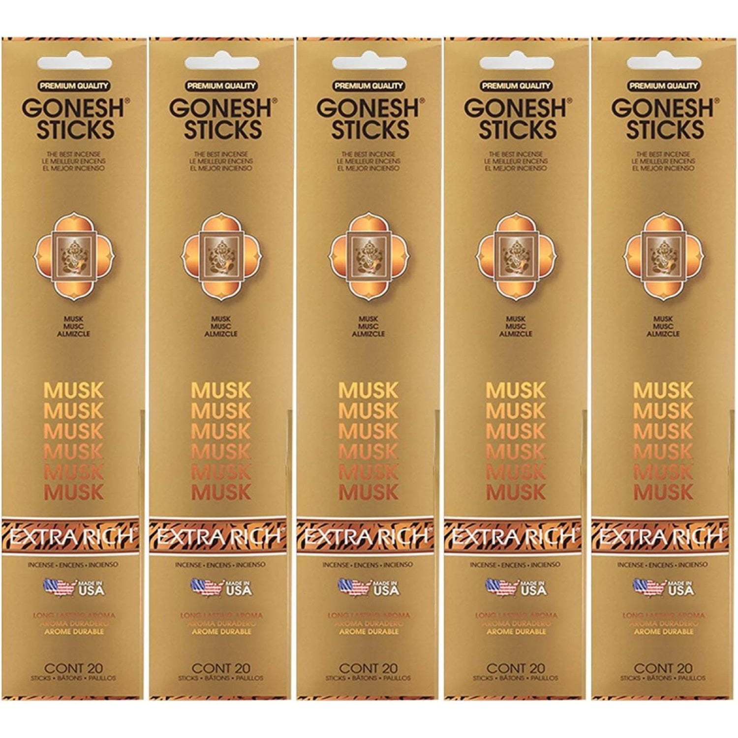 Gonesh Incense Sticks Extra Rich Collection - Musk 5 Packs (100 Total)
