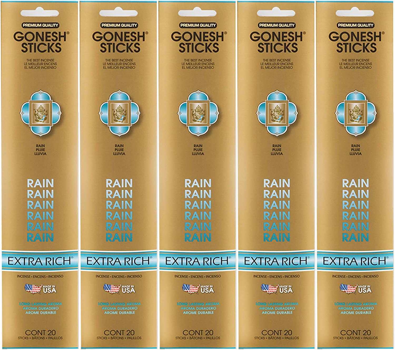 Gonesh Incense Sticks Extra Rich Collection - Rain 5 Packs (100 Total)