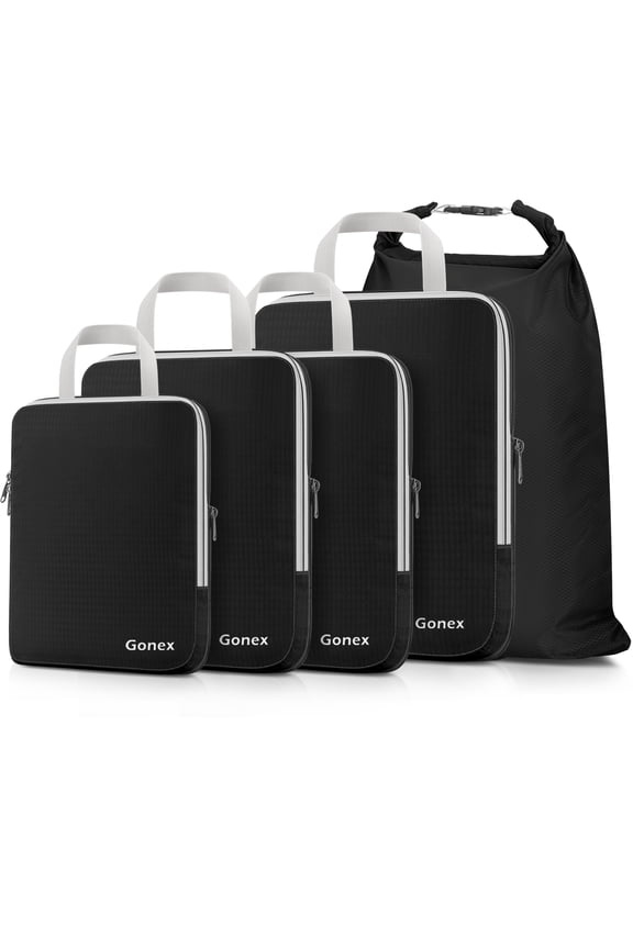5 Set Compression Packing Cubes, Expandable Travel Luggage Organizers with Laundry Bag