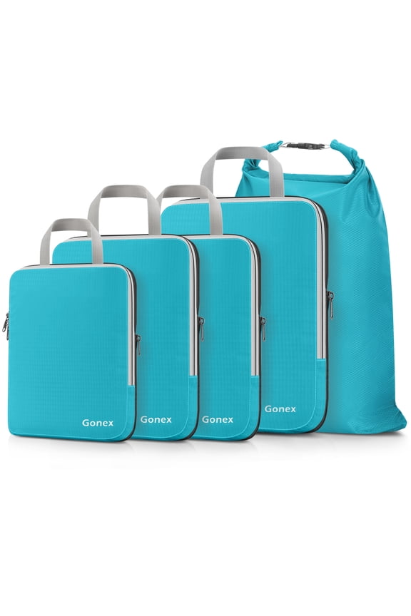 5 Set Compression Packing Cubes, Expandable Travel Luggage Organizers with Laundry Bag