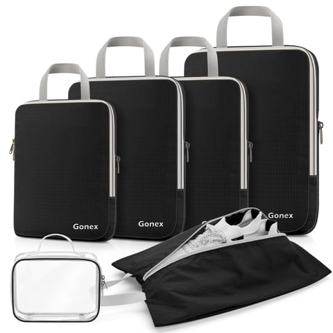 6 Set Compression Packing Cubes Expandable Travel Luggage Organizers with Shoe Bag, Toiletry Bag