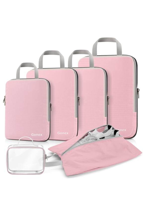 6 Set Compression Packing Cubes Expandable Travel Luggage Organizers with Shoe Bag, Toiletry Bag