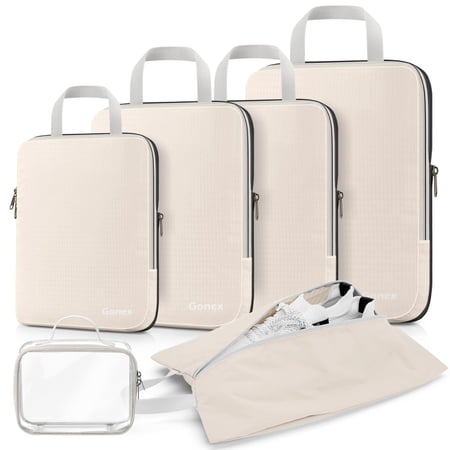 Gonex 6 Set Compression Packing Cubes Expandable Travel Luggage Organizers with Shoe Bag, Toiletry Bag