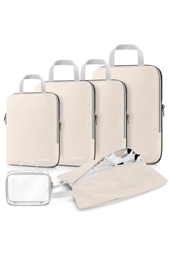 6 Set Compression Packing Cubes Expandable Travel Luggage Organizers with Shoe Bag, Toiletry Bag