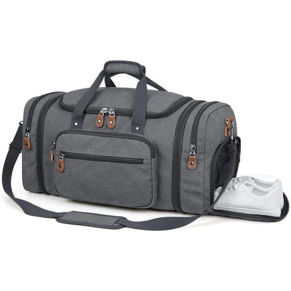 Gonex 60L Canvas Duffel Bags 27" Expandable Travel Duffle Overnight Weekender Bag with Shoe Compartment for Men Women