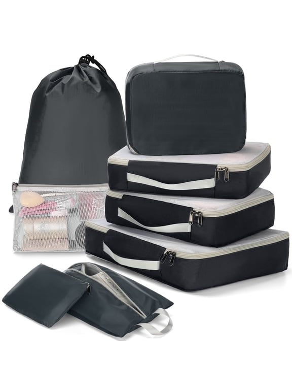 8 Set Mesh Packing Cubes, Space-Saving Travel Luggage Organizers with Shoe & Laundry Bag for Suitcase & Carry On