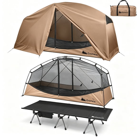 Gonex 1-Person Folding Camping Tent Cot for Adults, 350lbs Capacity Off-Ground Elevated Tent Bed Sleeping Combo 31.5" Width for Outdoor Hiking Backpacking, Khaki