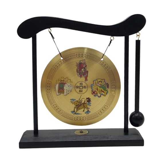 Gong Ornament Mini Chinese Gong with Stand, Feng Shui Gong Brass Desktop Gong Mini Wind Chimes Asian Gong Bells for Tabletop, Home Decoration Style D