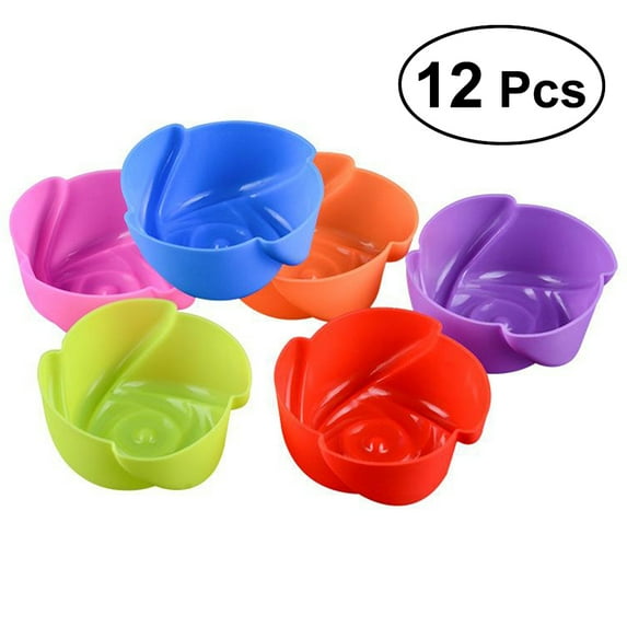 Gongc 12 Pcs Rose Muffin Cup Pudding Jelly Gel Mould Silicone Cake Mold Chocolate Sugar Craft Mould Decorative Bakery DIY Accessory (Random Color)