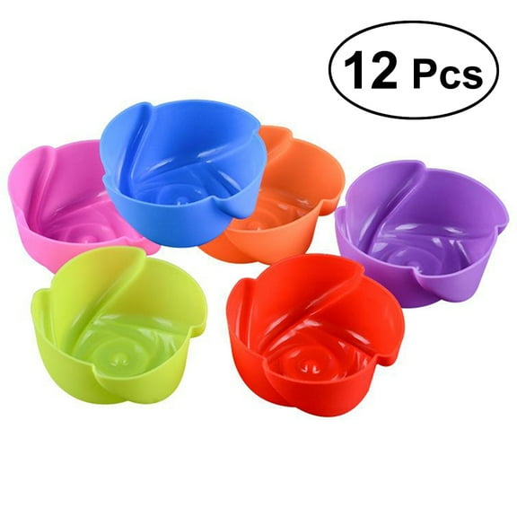 Gongc 12 Pcs Rose Muffin Cup Pudding Jelly Gel Mould Silicone Cake Mold Chocolate Sugar Craft Mould Decorative Bakery DIY Accessory (Random Color)