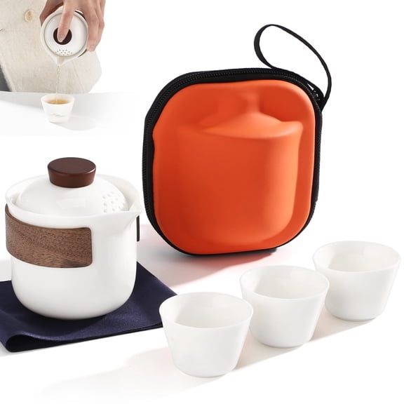 Gongfu Tea Set, Porcelain Chinese Ceramic Teapot with 3 Cups, Mini Travel All-in-One Kit with Carry Bag for Home Office Outdoor Business Trips Tea Lovers