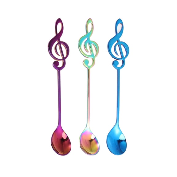 Gongxipen 3 Pcs Stainless Steel Coffee Spoons Musical Note Pattern Stirring Spoon Dessert Scoop Tableware for Kitchen Party Bar(Blue+Purple+Rainbow Color)