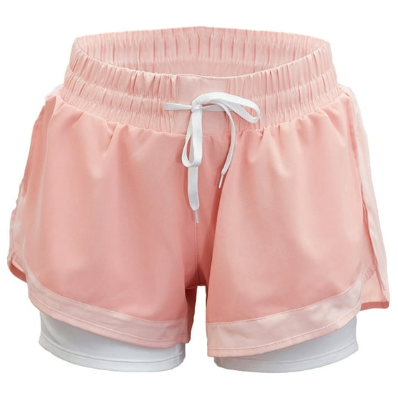 Gongxipen Yoga Shorts Training Shorts with Lining Gym Workout Waistband Shorts Pants 2 in 1 Running Shorts for Women Girls Size L(Pink)