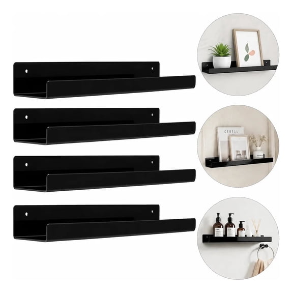Gonice 4-Piece Black Acrylic Floating Shelves, 15 inch Wall Mounted Display Shelf, Storage Organizer for Bedroom, Bathroom, Kitchen, Living Room & Office Decor