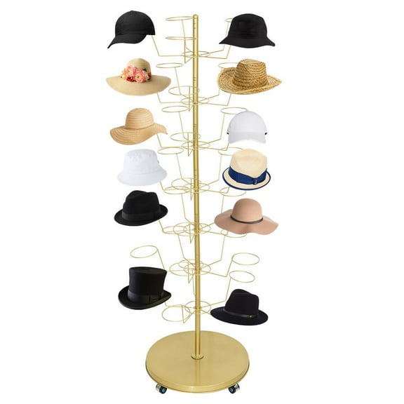 Gonipol Standing Hat Rack 7-Tier Gold Metal Movable Tree Rack Stand with Wheels 35 Hooks Headwear Rack for Home or Commercial Wig Retail Hanger thrifty
