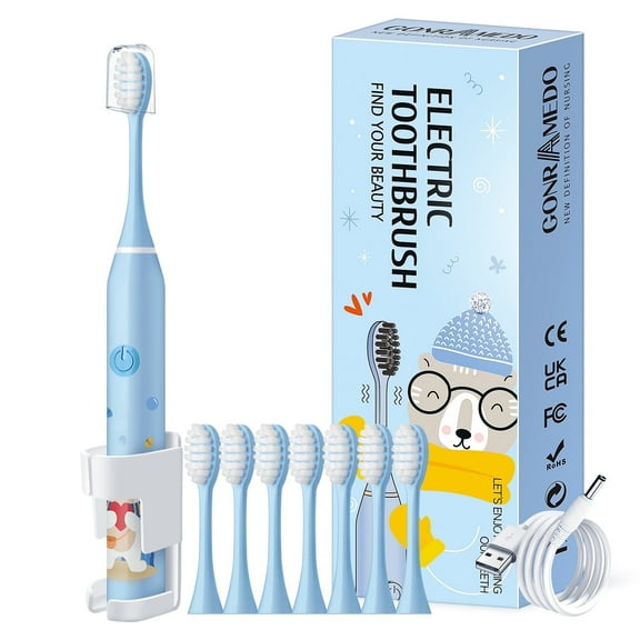 GonrAmedo Electric Toothbrush, 8 Brush Heads, Oral Care Electric Toothbrush for Teen, Rechargeable with 5 Modes, 2 Min Timer, IPX7 Waterproof Sonic Toothbrush, Travel, Gifts, Blue