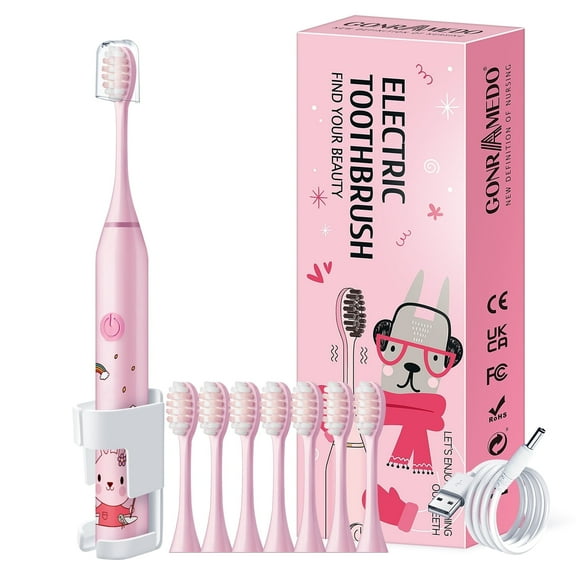 GonrAmedo Electric Toothbrush, 8 Brush Heads, Oral Care Electric Toothbrush for Teen, Rechargeable with 5 Modes, 2 Min Timer, IPX7 Waterproof Sonic Toothbrush, Travel, Gifts, Pink