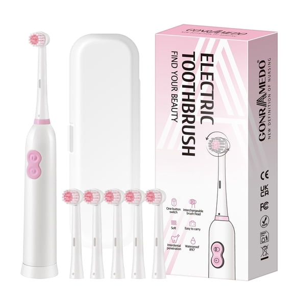 Gonramedo Rotating Round-Shaped Electric Toothbrush with Travel Case, 6 Brush Heads, White