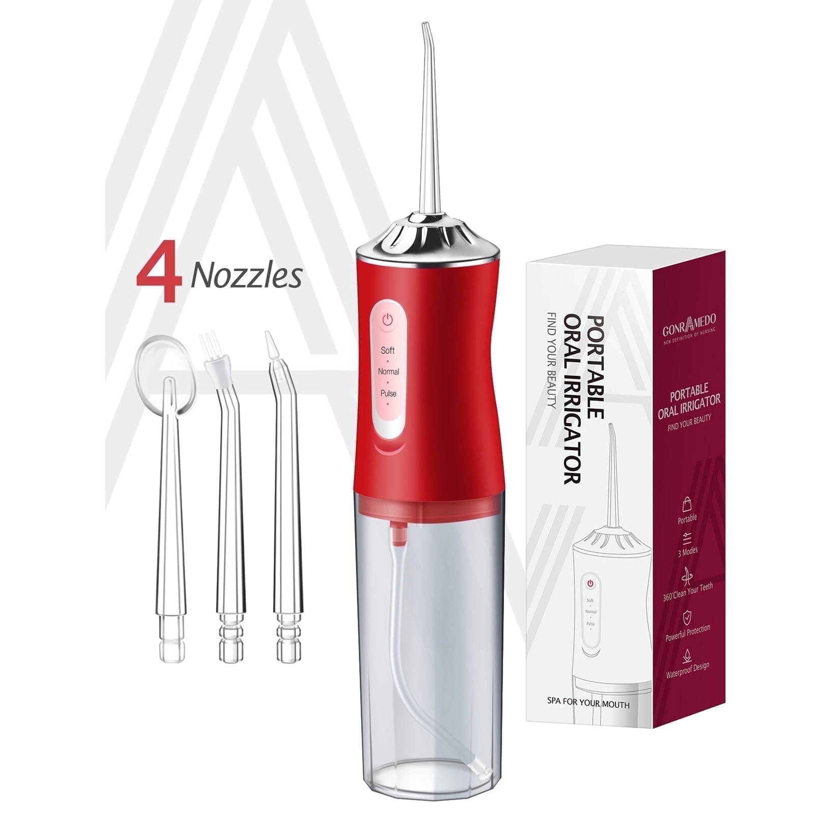 Gonramedo Water Flosser for Teeth Cleaning, Rechargeable Portable Handheld Cordless Oral Irrigator with 3 Modes and 4 Jet Tips for Gift Box Packaging Women, Red