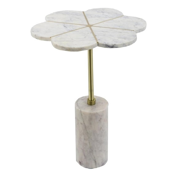 Gony Side End Table- 16 Inch Flower Top- Brass Inlay- White Marble