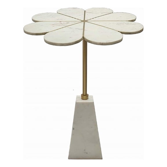 Gony Side End Table- 22 Inch Flower Top- Gold Brass Inlay- White Marble