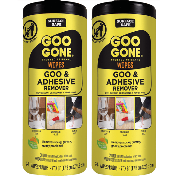 Goo Gone Adhesive Remover Wipes – Removes Stickers, Residue, Grease, Grime, Crayon, Sap, Sticky or Gooey Messes, Pre-Moistened Wipes, 2 Pack, 48 Count