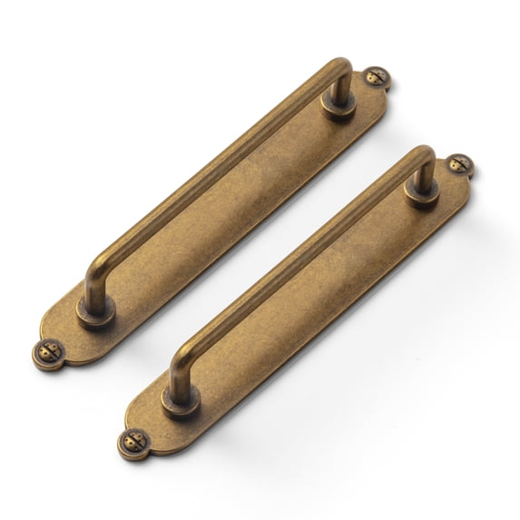 Goo-Ki 2 Pack Antique Brass Cabinet Pulls with Backplate, 5"(128mm) Hole Center Zinc Alloy Cabinet Dresser Handles for Bar Cupboard Closet Wardrobe (G013)