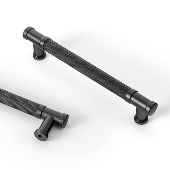 Goo-Ki 5"(128mm) Hole Center Knurled Matte Black Kitchen Cabinet Handles, Closet Classic Zinc Alloy Cabinet Pulls Dresser Handles for Bedroom, 6 Pack