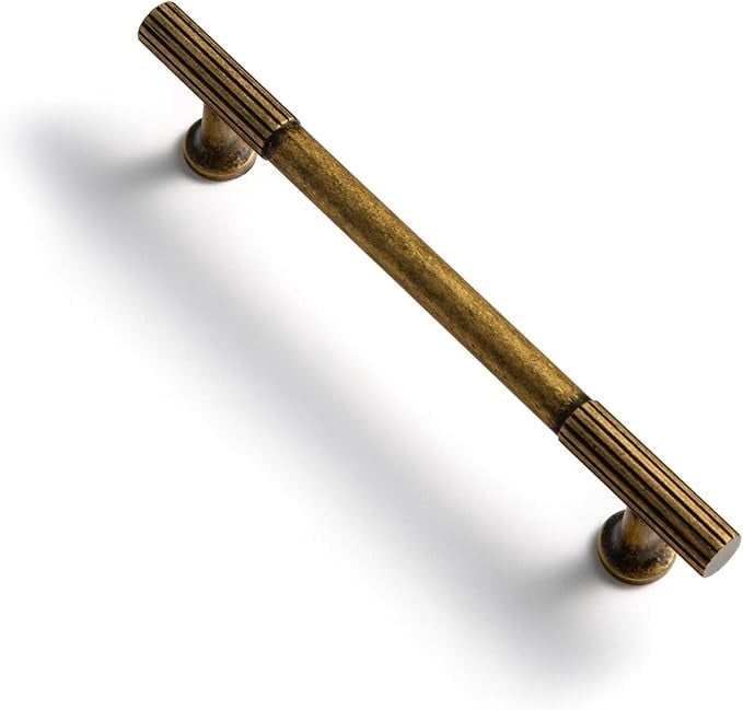 Goo-Ki 6 Pack Vintage Antique Brass Zinc Alloy Cabinet Handles - 5''(128mm) Hole Center Striped Decorations Cabinet Pull Hardware for Bedroom, Kitchen